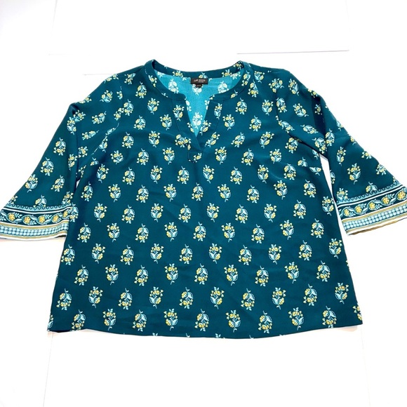 J. Jill Wearever Collection Tunic Teal Blue Floral Blouse Size Medium - Picture 1 of 7